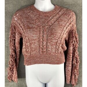 Wildfox Small Warren Sweater Pink Red‎ Pullover Cable Knit Fringe Sleeve Sample